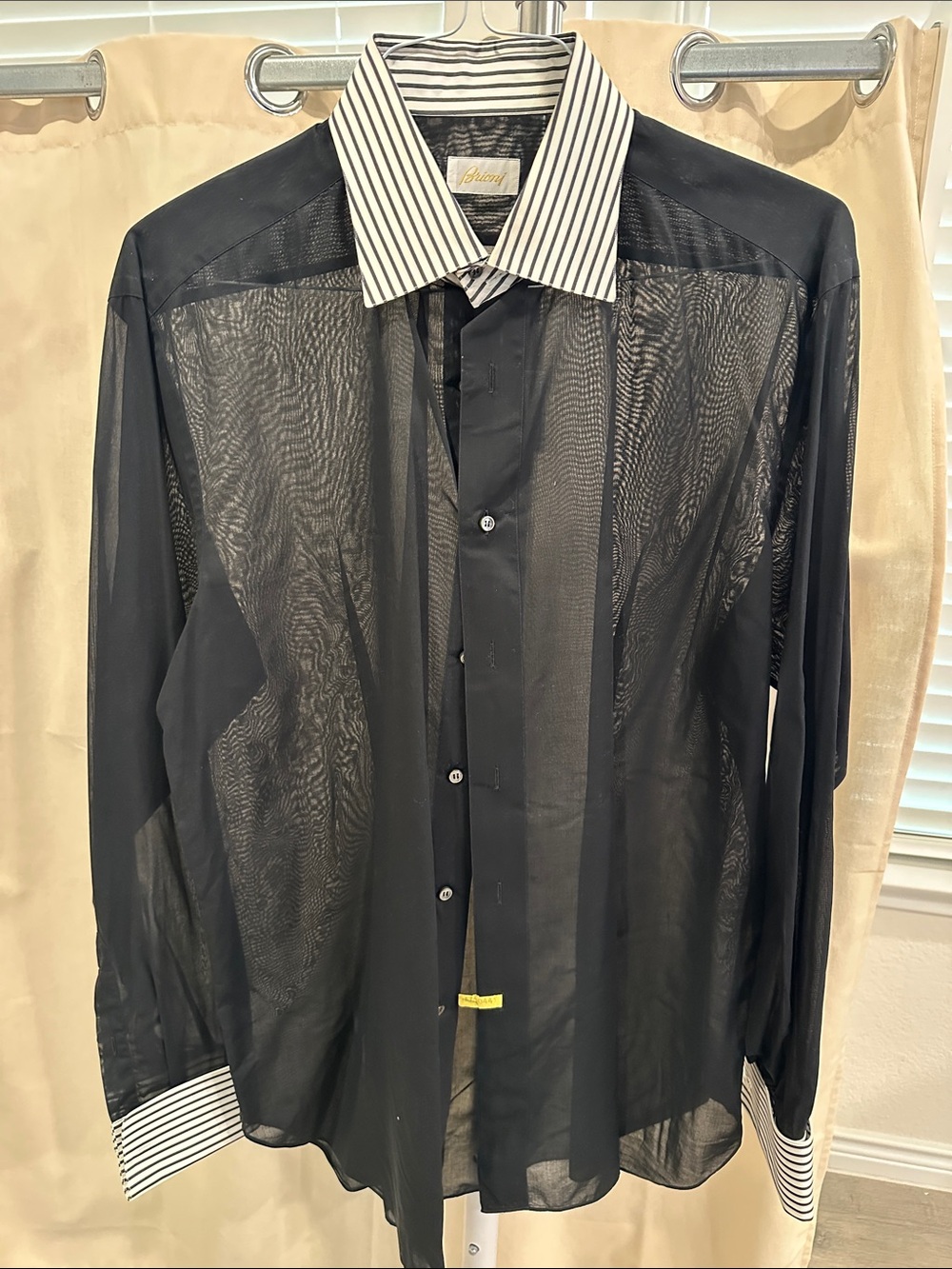Brioni Sheer Black Button-Up Shirt with Striped Collar and Cuffs